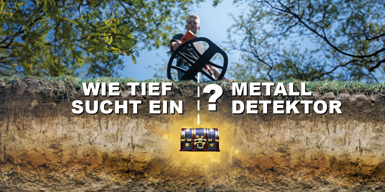 Wie tief sucht ein Metalldetektor? Mann mit Metalldetektor über einem Schatz in einer tiefen Erdschicht